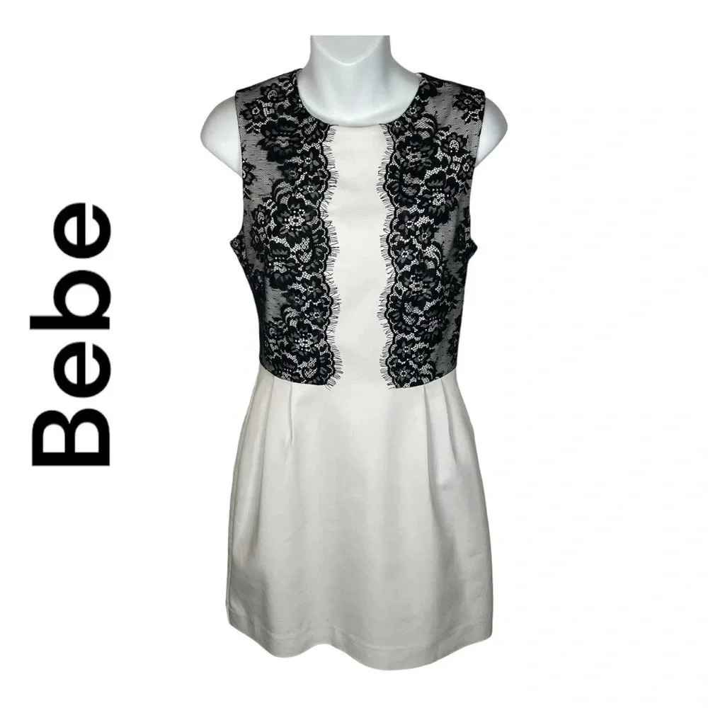 BEBE White and black lace‎ mini cocktail dress size 6